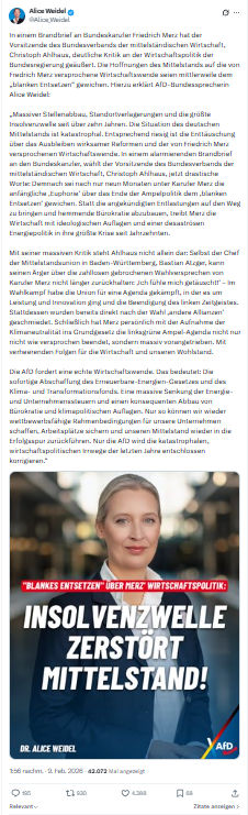 Alice Weidel: In einem Brandbrief an Bundeskanzler Friedrich Merz...