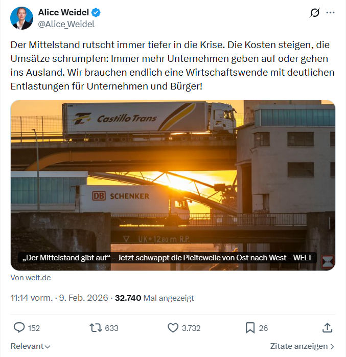 Alice Weidel: Der Mittelstand rutscht immer tiefer in die Krise...