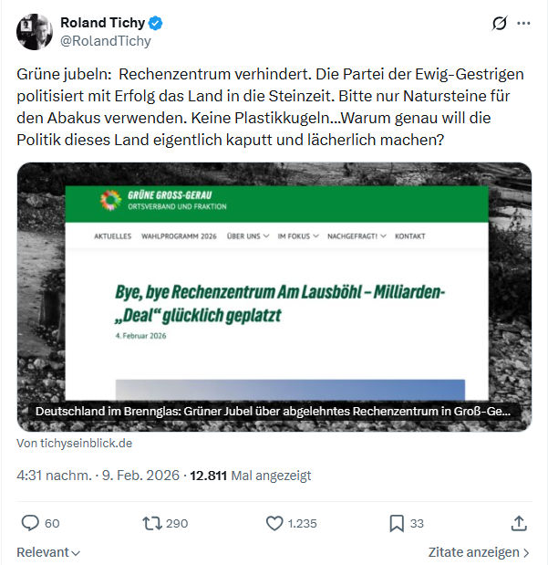 Roland Tichy: Grüne jubeln:  Rechenzentrum verhindert...