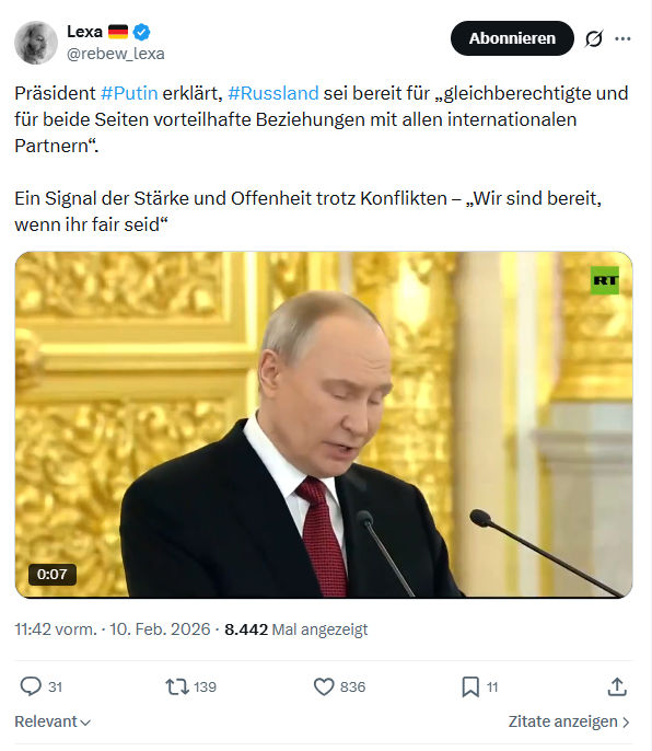 Lexa Rebew: Präsident #Putin erklärt, #Russland sei bereit für...