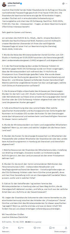 Julian Reichelt: Joachim Steinhöfel hat der Kieler Staatskanzlei...