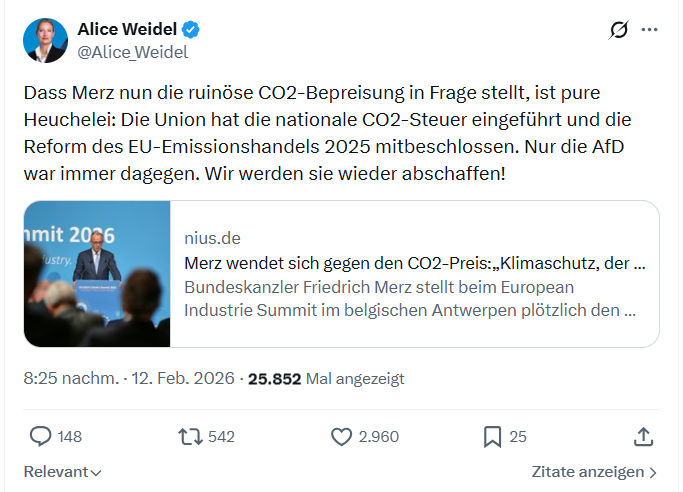 Alice Weidel: Dass Merz nun die ruinöse CO2-Bepreisung...