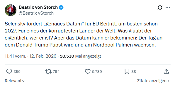 Beatrix von Storch: Selensky fordert „genaues Datum“ für EU Beitritt...