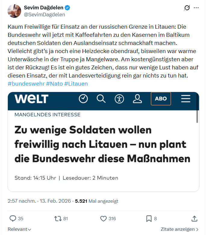 Sevim Dagdelen: Kaum Freiwillige für Einsatz an der russischen Grenze in Litauen...