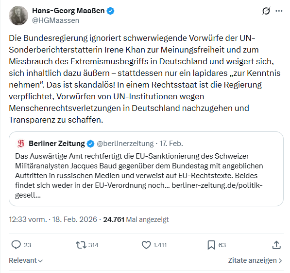 Hans-Georg Maaßen: Die Bundesregierung ignoriert schwerwiegende Vorwürfe...