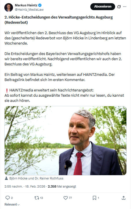 Markus Haintz: 2. Höcke-Entscheidungen des Verwaltungsgerichts Augsburg...