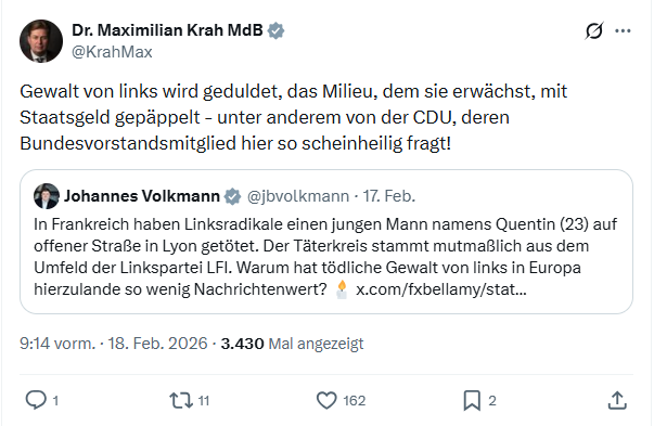 Maximilian Krah: Gewalt von links wird geduldet, das Milieu...