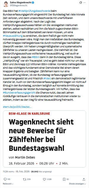 Sahra Wagenknecht: Das BSW hat #Wahlprüfungsbeschwerde...