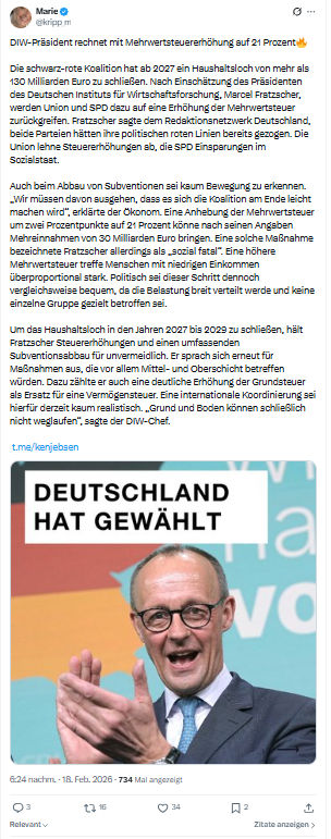 Marie kripp: DIW-Präsident rechnet mit Mehrwertsteuererhöhung auf 21 Prozent...