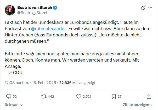 Beatrix von Storch: Faktisch hat der Bundeskanzler Eurobonds...