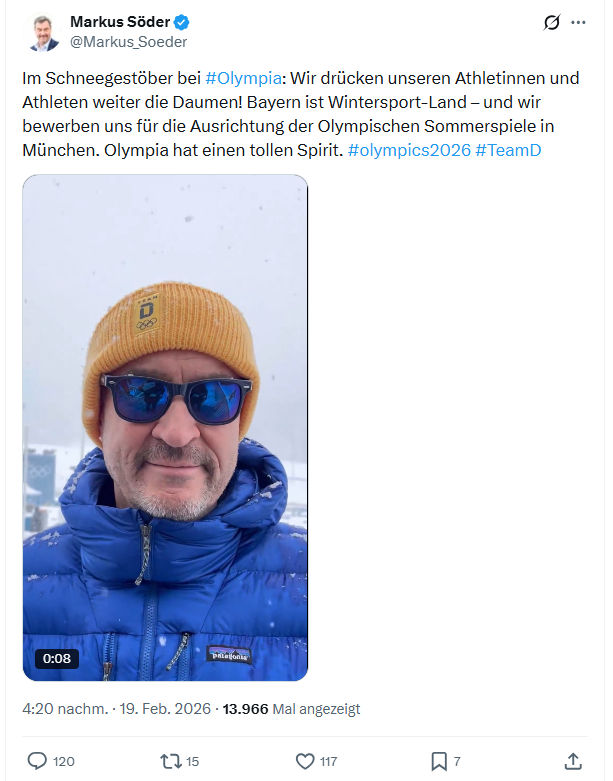 Markus Söder: Im Schneegestöber bei #Olympia...