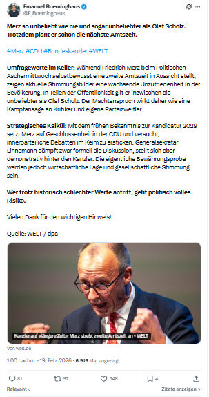 Emanuel Boeminghaus: Merz so unbeliebt wie nie und sogar unbeliebter...