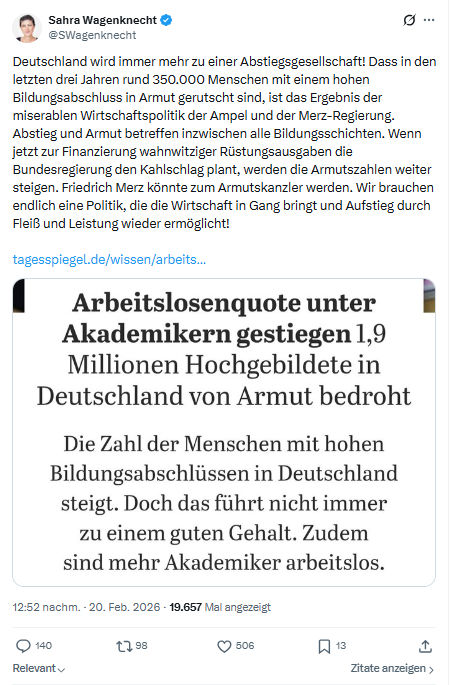 Sahra Wagenknecht: Deutschland wird immer mehr zu einer Abstiegsgesellschaft...
