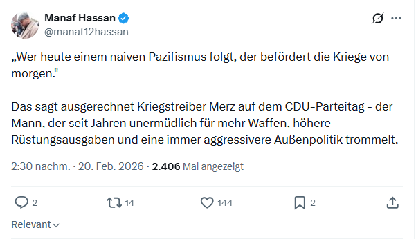Manaf Hassan: „Wer heute einem naiven Pazifismus folgt, der befördert die Kriege von morgen."...