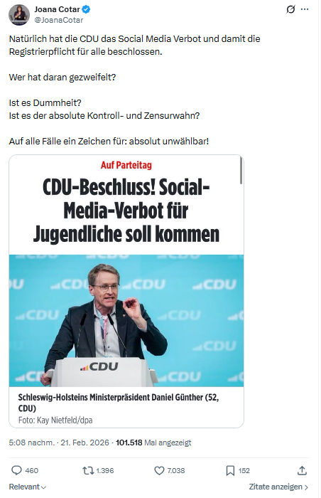 Joana Cotar: Natürlich hat die CDU das Social Media Verbot...