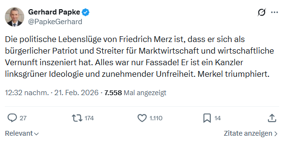 Gerhard Papke: Die politische Lebenslüge von Friedrich Merz ist...