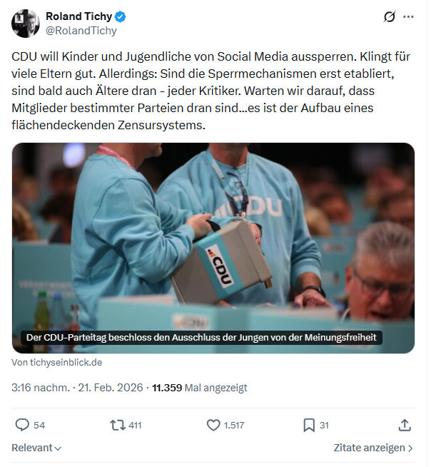 Roland Tichy: CDU will Kinder und Jugendliche von Social Media aussperren...