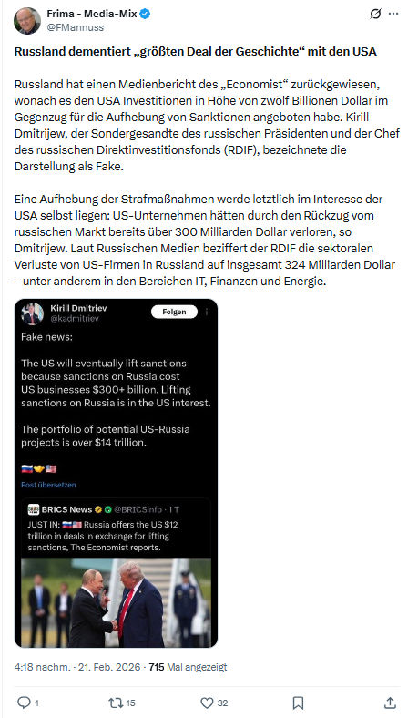 Friedrich Mannus: Russland dementiert „größten Deal der Geschichte“ mit den USA...