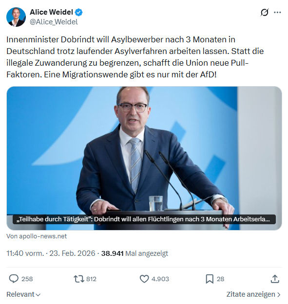 Alice Weidel: Innenminister Dobrindt will Asylbewerber...