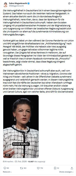 Sahra Wagenknecht: Die Meinungsfreiheit in Deutschland ist in einem...