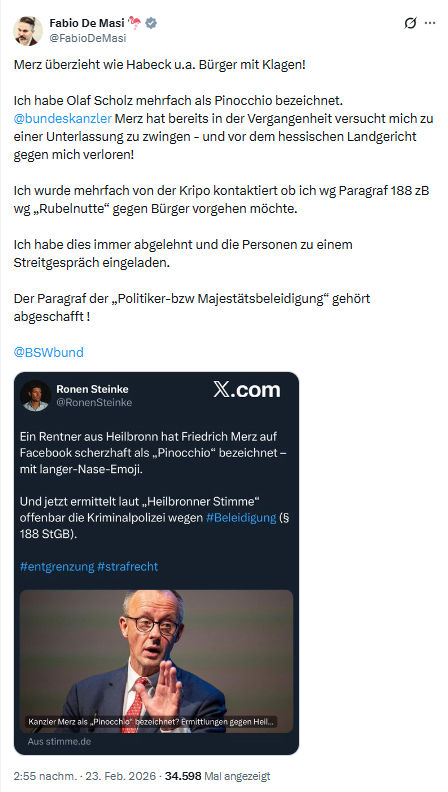 Fabio De Masi: Merz überzieht wie Habeck u.a. Bürger mit Klagen...