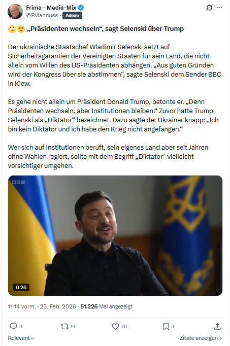 Friedrich Mannus:  „Präsidenten wechseln“, sagt Selenski über Trump...