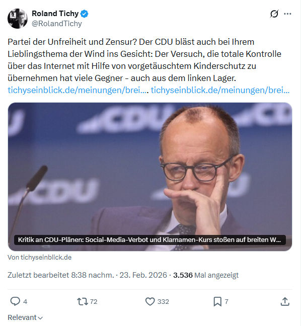 Roland Tichy: Partei der Unfreiheit und Zensur...