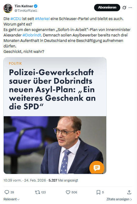 Tim Kellner: Die #CDU ist seit #Merkel eine Schleuser-Partei...