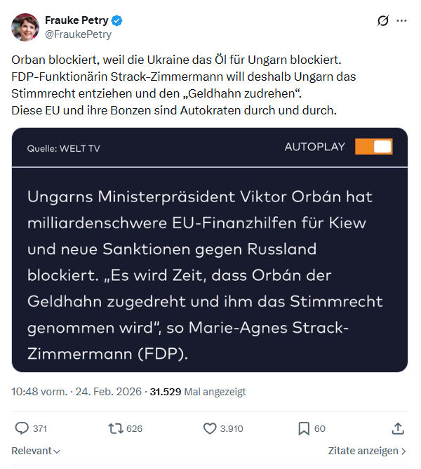 Frauke Petry: Orban blockiert, weil die Ukraine...