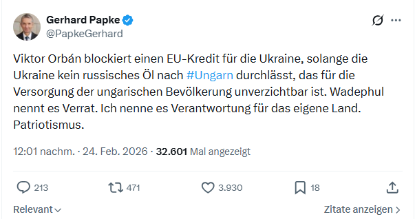 Gerhard Papke: Viktor Orbán blockiert einen EU-Kredit für die Ukraine...