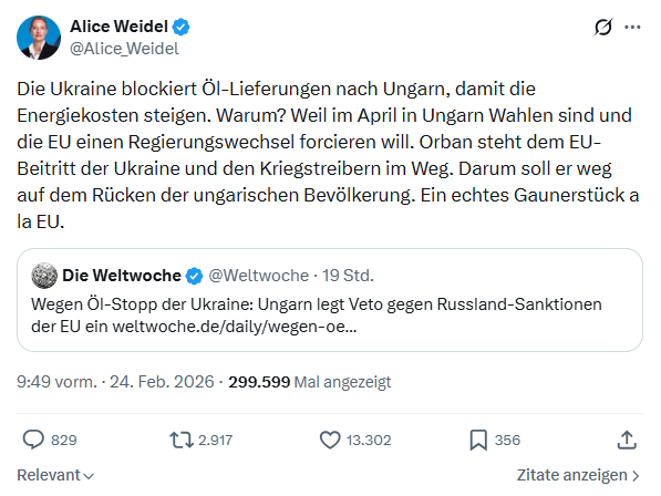 Alice Weidel: Die Ukraine blockiert Öl-Lieferungen nach Ungarn...