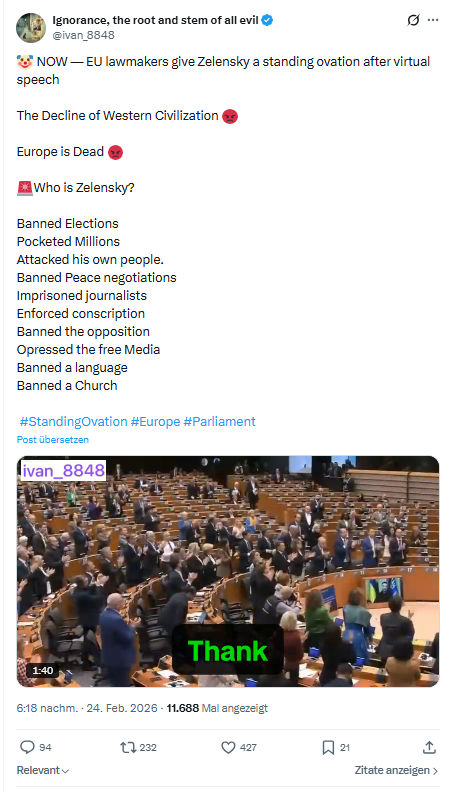 ivan Ignorance: NOW — EU lawmakers give Zelensky a standing ovation...