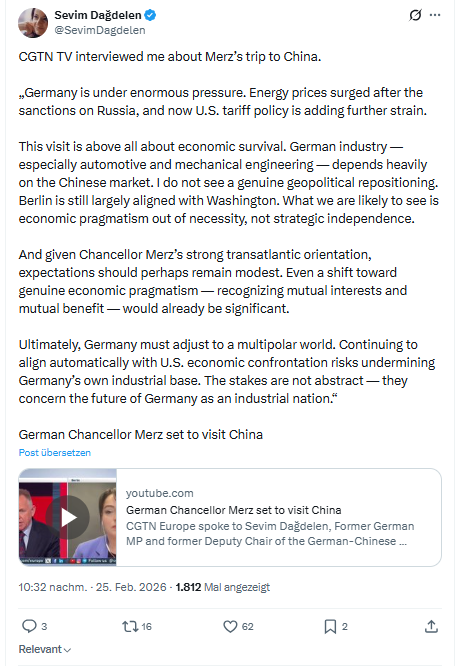 Sevim Dagdelen: CGTN TV interviewed me about Merz’s trip to China...
