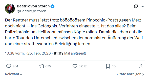 Beatrix von Storch: Der Rentner muss jetzt trotz böööööösem Pinocchio-Posts...