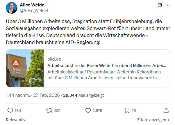 Alice Weidel: Über 3 Millionen Arbeitslose...