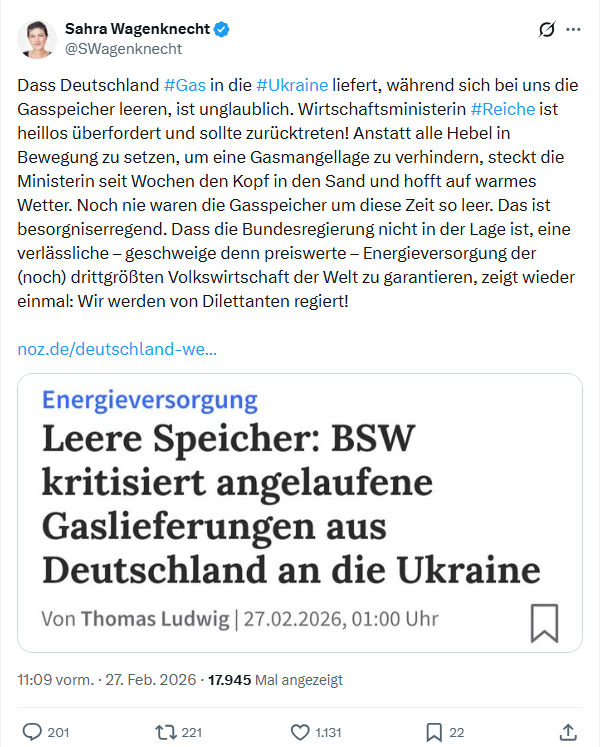 Sahra Wagenknecht: Dass Deutschland #Gas in die #Ukraine liefert...