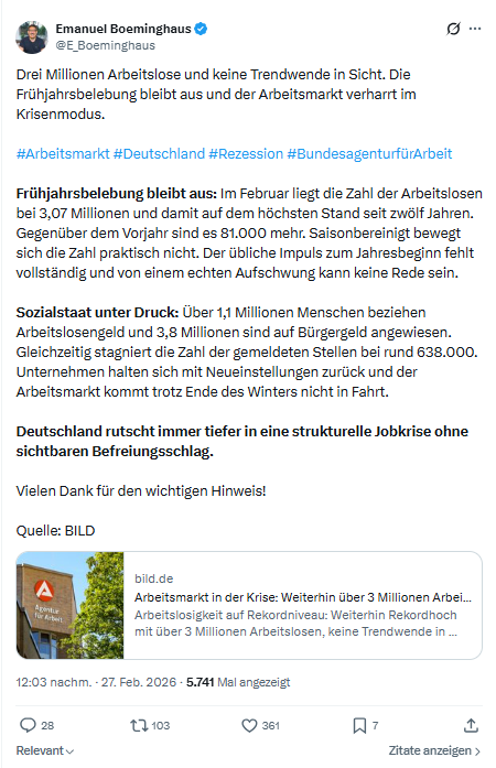 Emanuel Boeminghaus: Drei Millionen Arbeitslose und keine Trendwende...