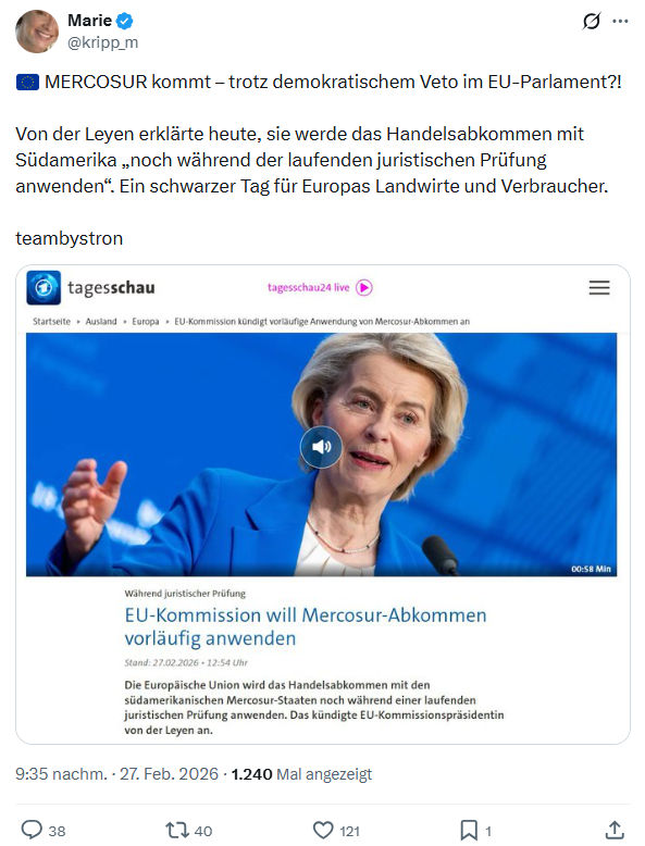 Marie kripp: MERCOSUR kommt – trotz demokratischem Veto im EU-Parlament...