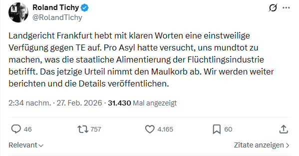 Roland Tichy: Landgericht Frankfurt hebt mit klaren Worten...