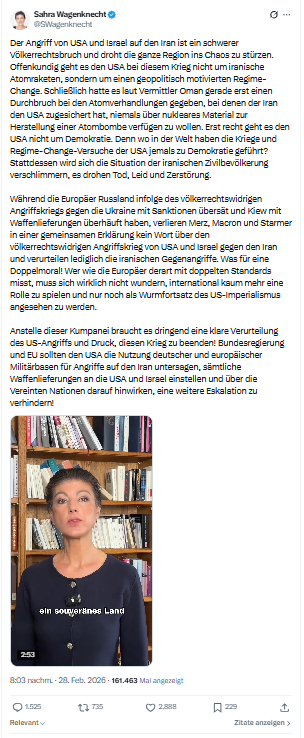 Sahra Wagenknecht: Der Angriff von USA und Israel auf den Iran...