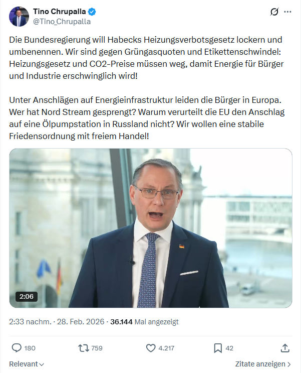 Tino Chrupalla: Die Bundesregierung will Habecks Heizungsverbotsgesetz...