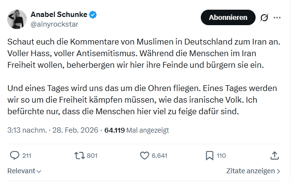 Anabel Schunke: Schaut euch die Kommentare von Muslimen in Deutschland...