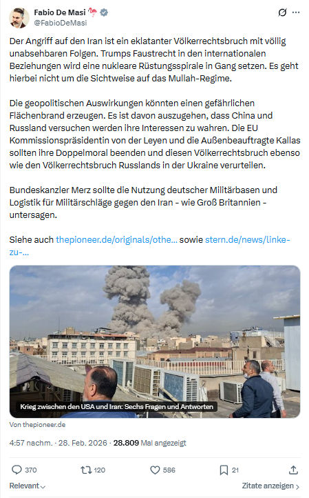 Fabio De Masi: Der Angriff auf den Iran ist ein eklatanter...