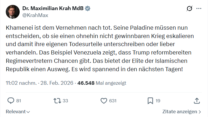 Maximilian Krah: Khamenei ist dem Vernehmen nach tot...