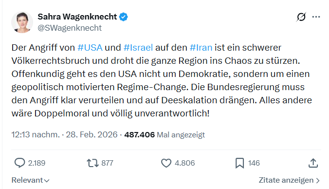 Sahra Wagenknecht: Der Angriff von #USA und #Israel auf den #Iran...