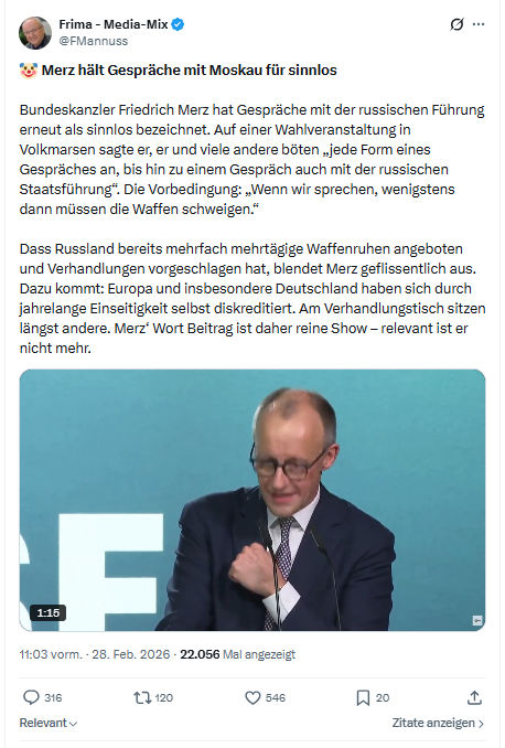 Friedrich Mannus: Merz hält Gespräche mit Moskau für sinnlos...