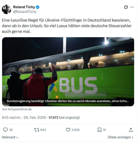 Roland Tichy: Eine luxuriöse Regel für Ukraine-Flüchtlinge...