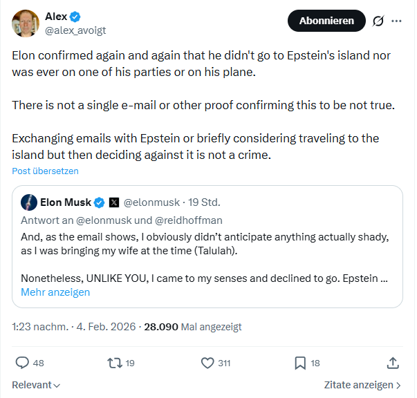 alex avoigt: Elon confirmed again and again that he didn't go to Epstein's island...