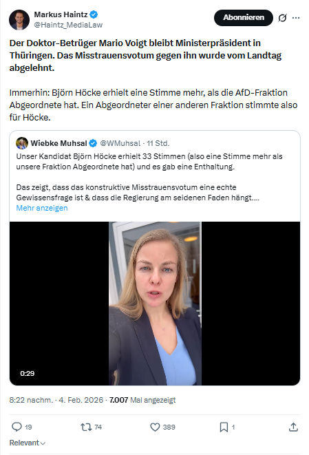 Markus Haintz: Der Doktor-Betrüger Mario Voigt bleibt Ministerpräsident...