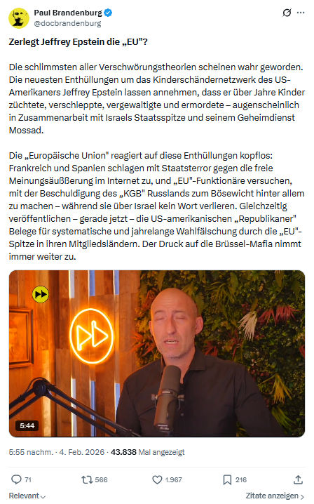 Paul Brandenburg: Zerlegt Jeffrey Epstein die „EU"...